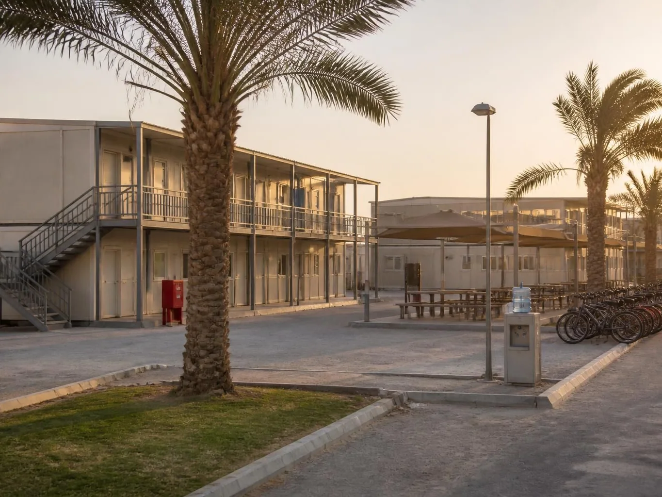 Two-storey accommodation blocks with external staircases, shaded walkways and planted surrounds