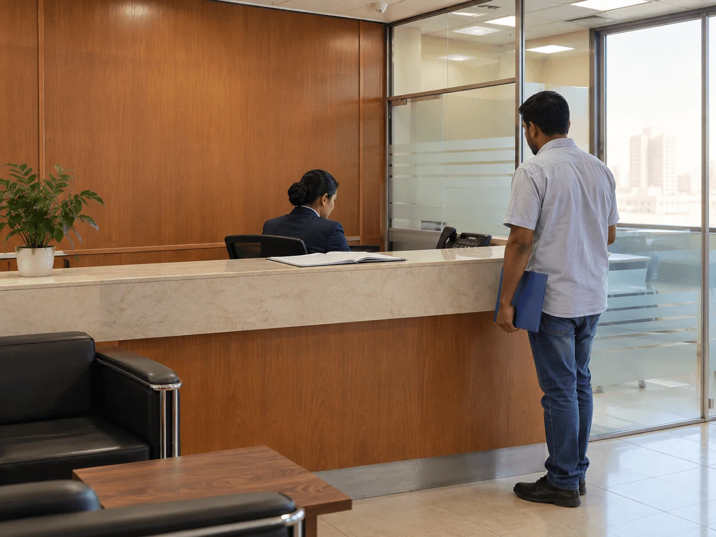 Reception counter at the Doha office, a visitor with a folder at the desk
