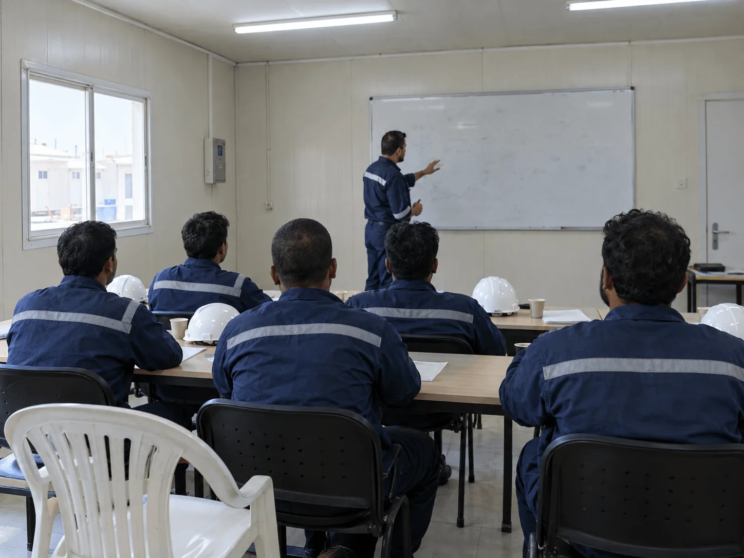 Workers in navy coveralls at induction, facing an instructor at a blank whiteboard