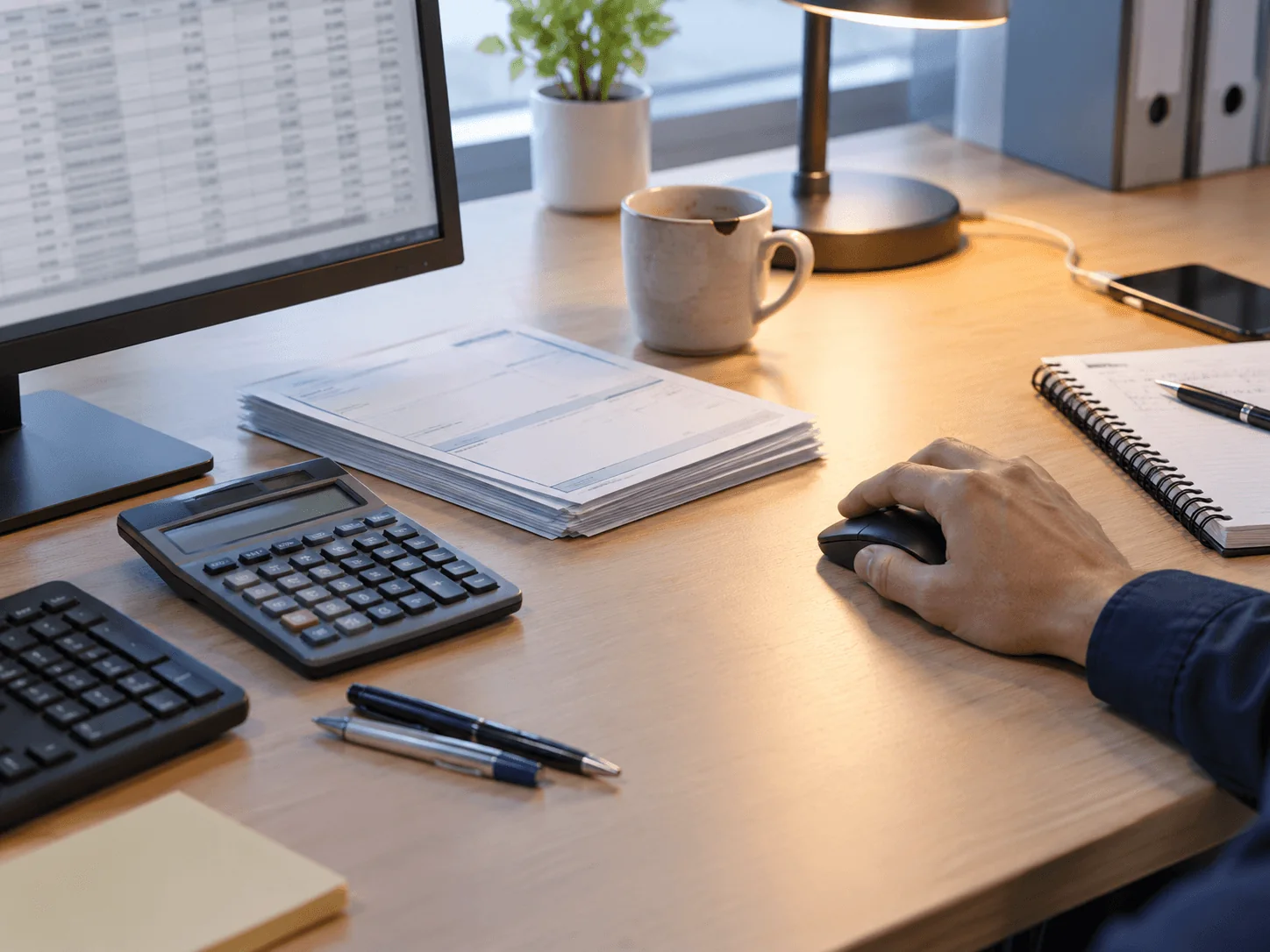 Payroll desk with a stack of payslips, a calculator and a blurred spreadsheet on screen