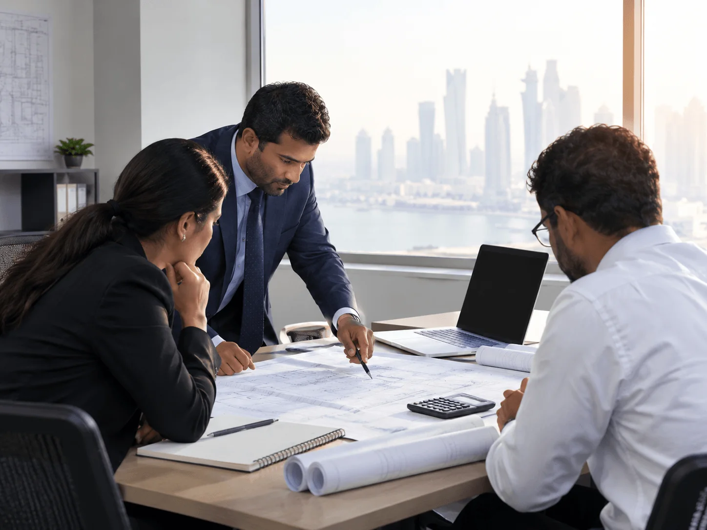 Engineers reviewing structural drawings around a table in a Doha office